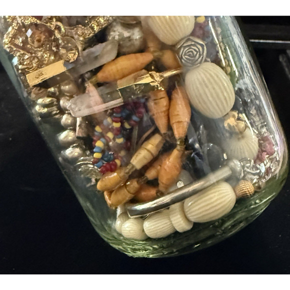 Jewelry Jar Wearable Lot Beads Necklaces Bracelets Earrings Vintage 16oz Jar - Picture 4 of 9